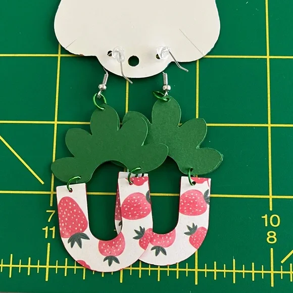 Strawberry Green and Pink Paper Earrings NWOT - Picture 3 of 3